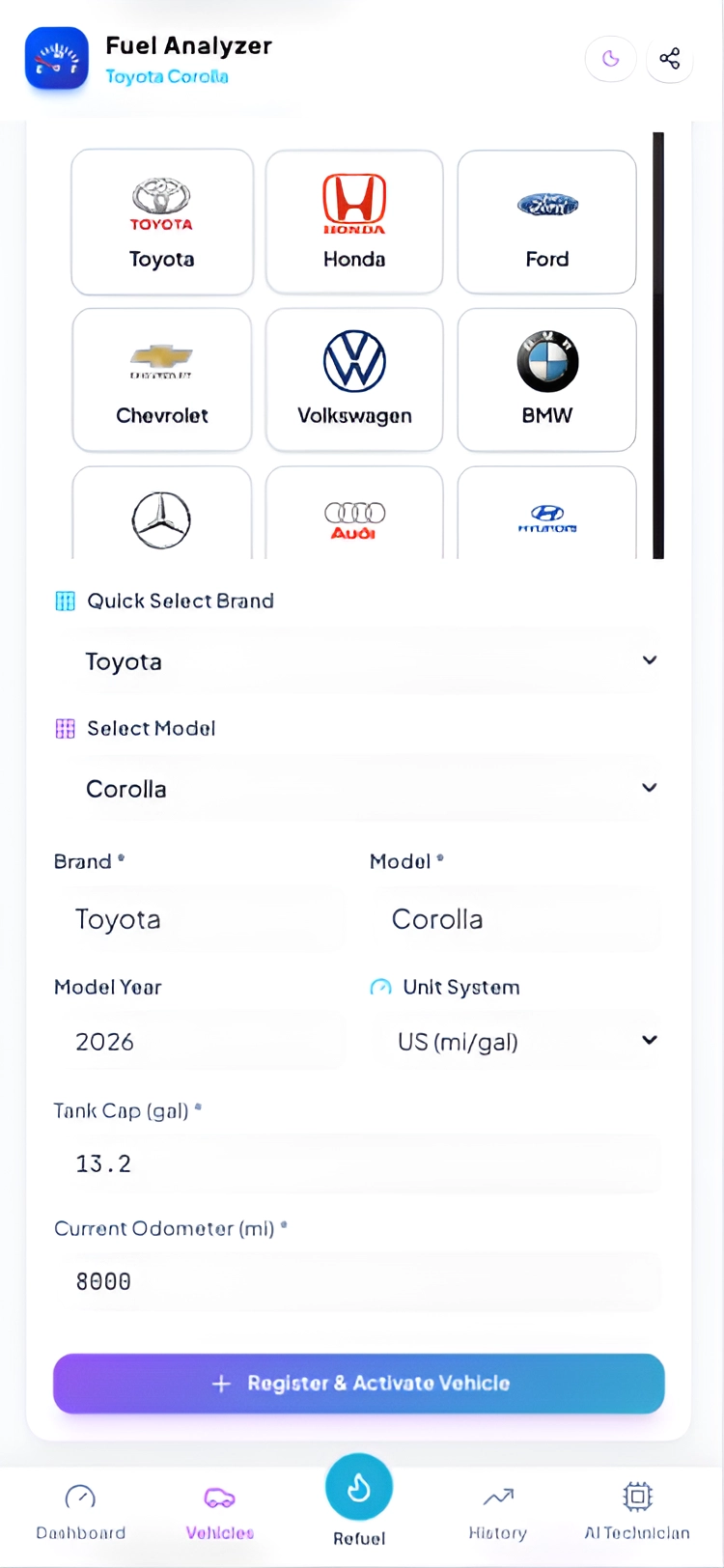 Fuel Analyzer Step 1 - Vehicle Setup